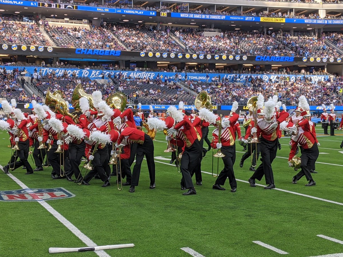 MrsWuLovesWords's tweet photo. Arcadia High performed before an electrifying crowd at SoFi stadium.  First band ever to be invited here, and the students didn't disappoint.  So proud of their hardworking spirit. https://t.co/Dyc5mQ9N5r
