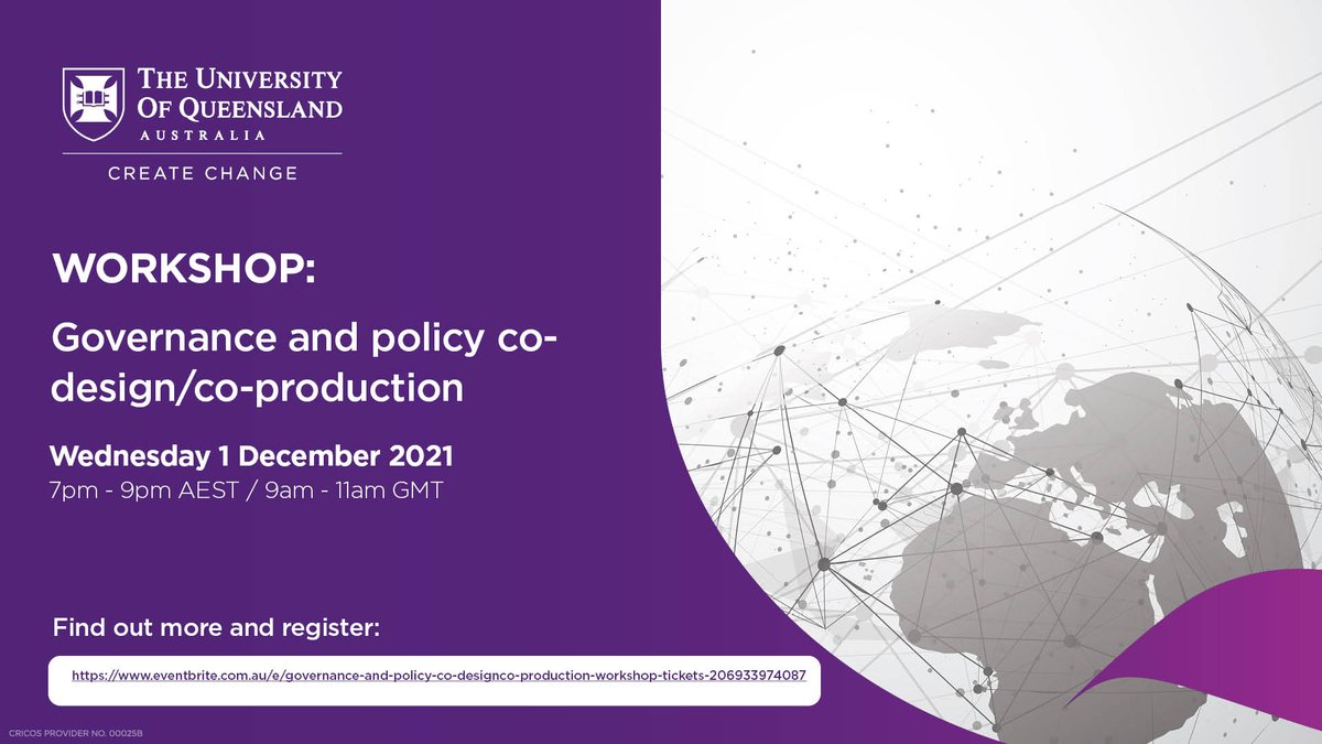 Join us for the Governance and Policy Co-design/Co-production workshop on Wednesday 1 December 2021 7-9pm AEST / 9-11am GMT. Register here: eventbrite.com.au/e/governance-a…