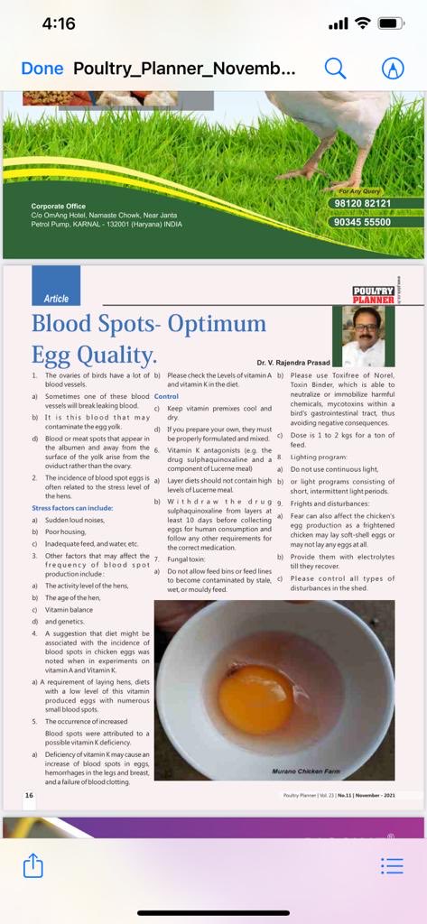 Please find my article on “ Blood Spots- Optimum Egg Quality :  
A practical approach .” 
Published In 
“POULTRY PLANNER”Magazine of November,2021 issue page no 16.

   Subhodayam 
Dr V. Rajendra Prasad https://t.co/tm99CLdfM7