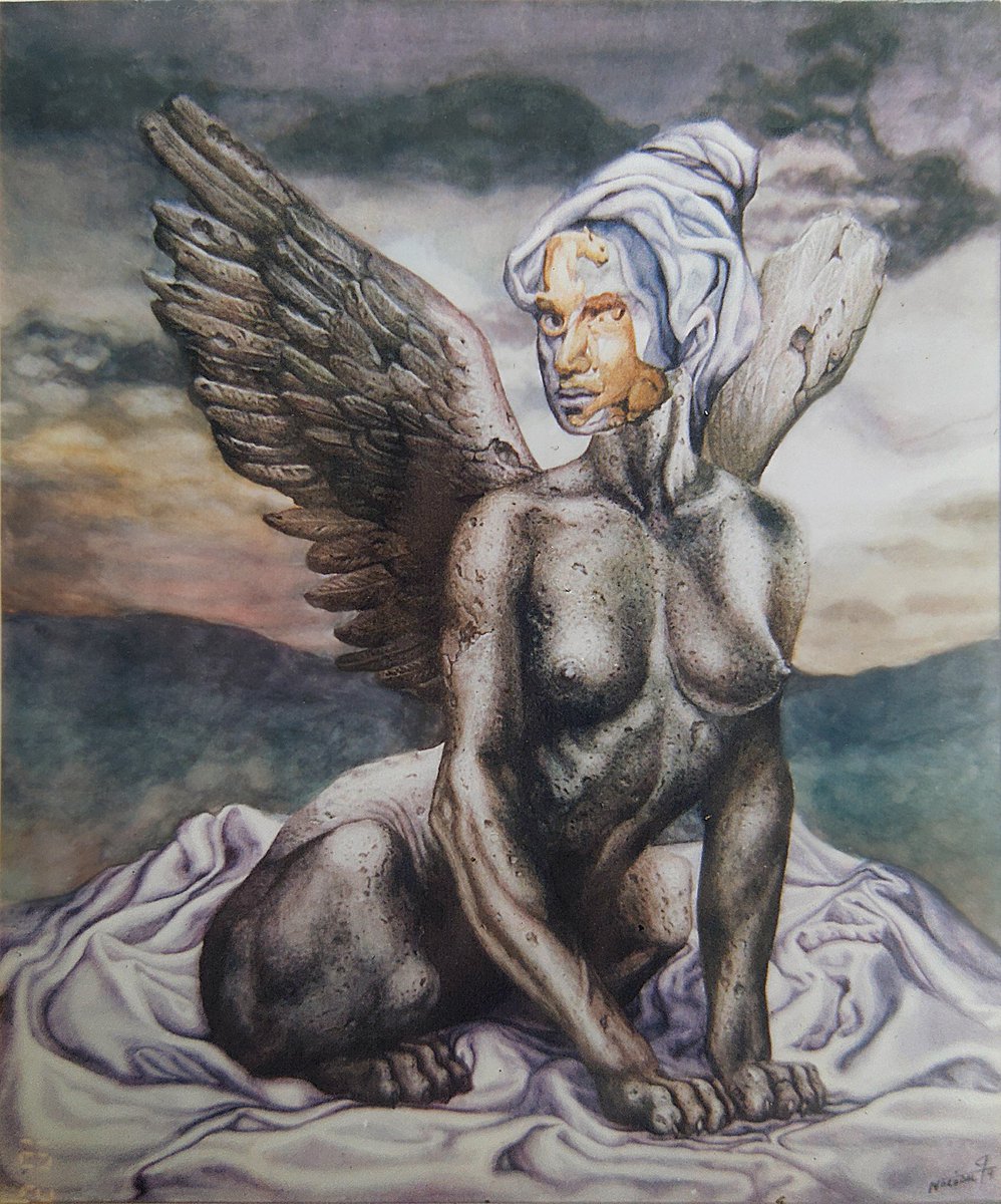 jorge_nazabal's tweet photo. Diptych: Sphinxes on Sheets; Sphinx 2; Watercolor / cardboard; 46 x 37 cm .; Ignacio Nazabal; 1999.
#cubanpainter #surrealism #watercolor #contemporaryart #contemporaryartist #sphinx #fineart #artofimaginaion #visionaryart #artgallery #fantasy #opticalillusion #IgnacioNazabal https://t.co/xeOgrcCLcV