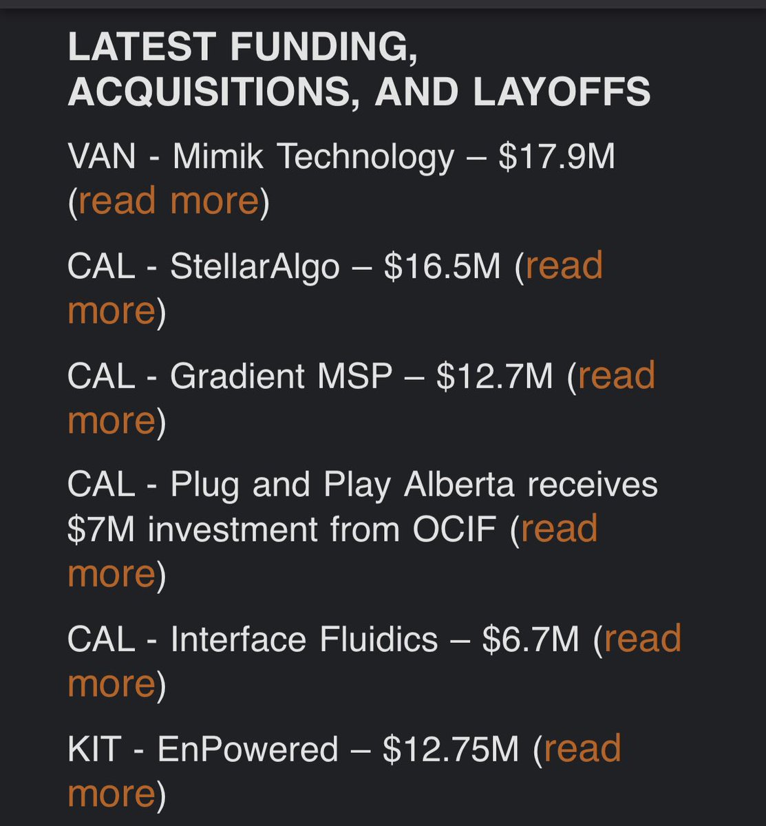 Rockster's tweet photo. I love it when my Sunday evening ⁦@BetaKit⁩ email is full of #yyctech news. Incredible work being done by the teams at ⁦@stellaralgo⁩ ⁦@meetgradient⁩ ⁦@interfacefluids⁩ and we’re excited to welcome ⁦@PlugandPlayTC⁩ to Alberta! https://t.co/iPxQCk0yhu