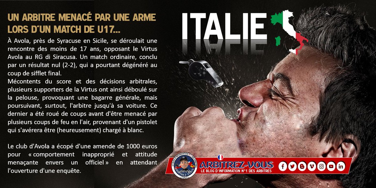 ArbitrezVous's tweet photo. #AlerteAgressionArbitre #RasLeSifflet
🚨 Agression d'un arbitre en Italie 🇮🇹
@ArbitresSAFE @UnafArbitres @FFF @lequipe @leparisiensport @Sports_gouv @BFMTV @M6 @TF1 @RMCsport https://t.co/E6SL7O1ztI