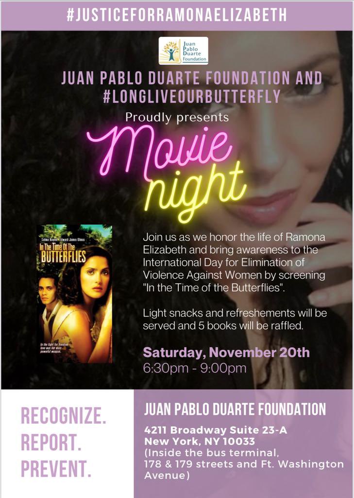 We’re waiting for you next Saturday, November 20th at 6:30pm! RSVP here: forms.gle/y2L9GspnAVF7Uz… 

#JusticeForRamonaElizabeth #LongLiveOurButterfly #MovieNight #WashingtonHeights #Inwood #UptownManhattan