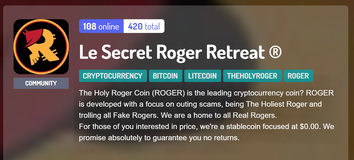 The Holy Roger DAO and Dance Crew ® 😷🥖🛑 (@realrogercrypto) on Twitter photo ROGER has 420 members on #Discord ... You can join us if you'd like, you probably won't like it. Next stop, 666. disboard.org/server/4293953… ROGER has 420 members on #Discord ... You can join us if you'd like, you probably won't like it. Next stop, 666. disboard.org/server/4293953…