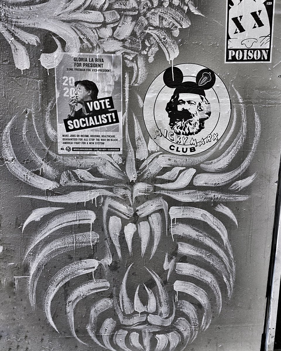 micky_marx_'s tweet photo. That time I ended up attached to the head of a scary monster face and someone gave me an acorn earring in the LA arts district. When I got up it was just a plain wall. Then magic happened. #wheatpaste #streetart #LAstreetart #pasteup #laart #guerrillaart https://t.co/c1KygNCYaJ
