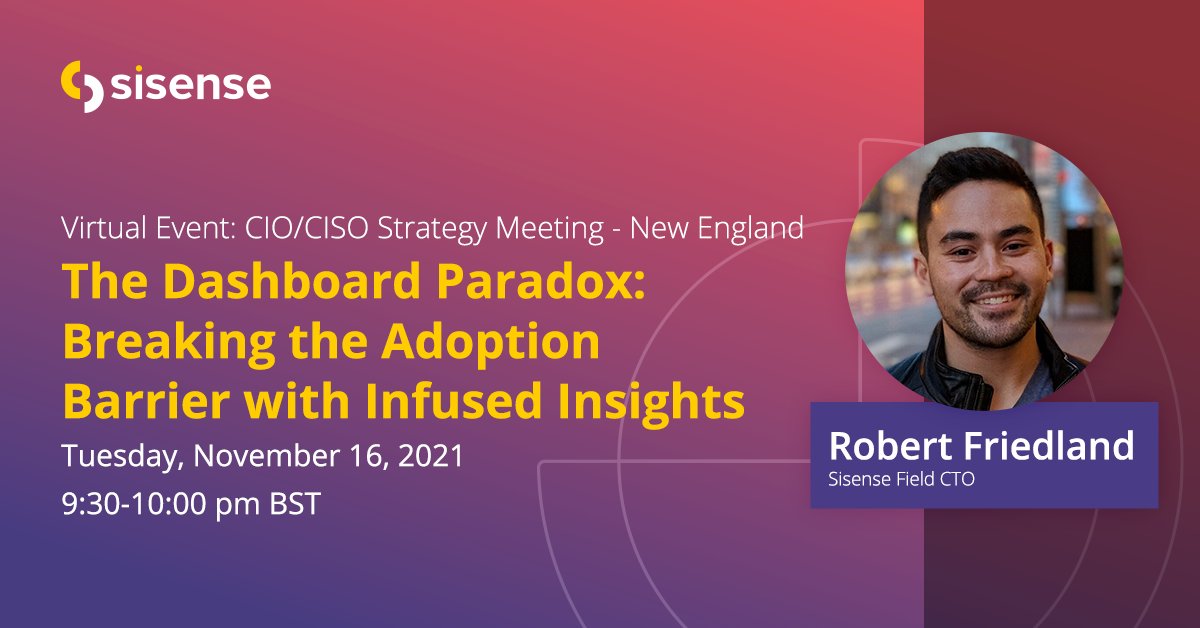 Sisense's tweet image. Join Sisense&apos;s Field CTO,  Robert Friedland as he keynotes NCS Madison&apos;s CIO/CISO Strategy on Tuesday, November 16. 

He&apos;ll present The Dashboard Paradox: Breaking the Adoption Barrier with Infused Insights.

Register now:

bit.ly/3C15AIy

#AnalyticsEverywhere #Data