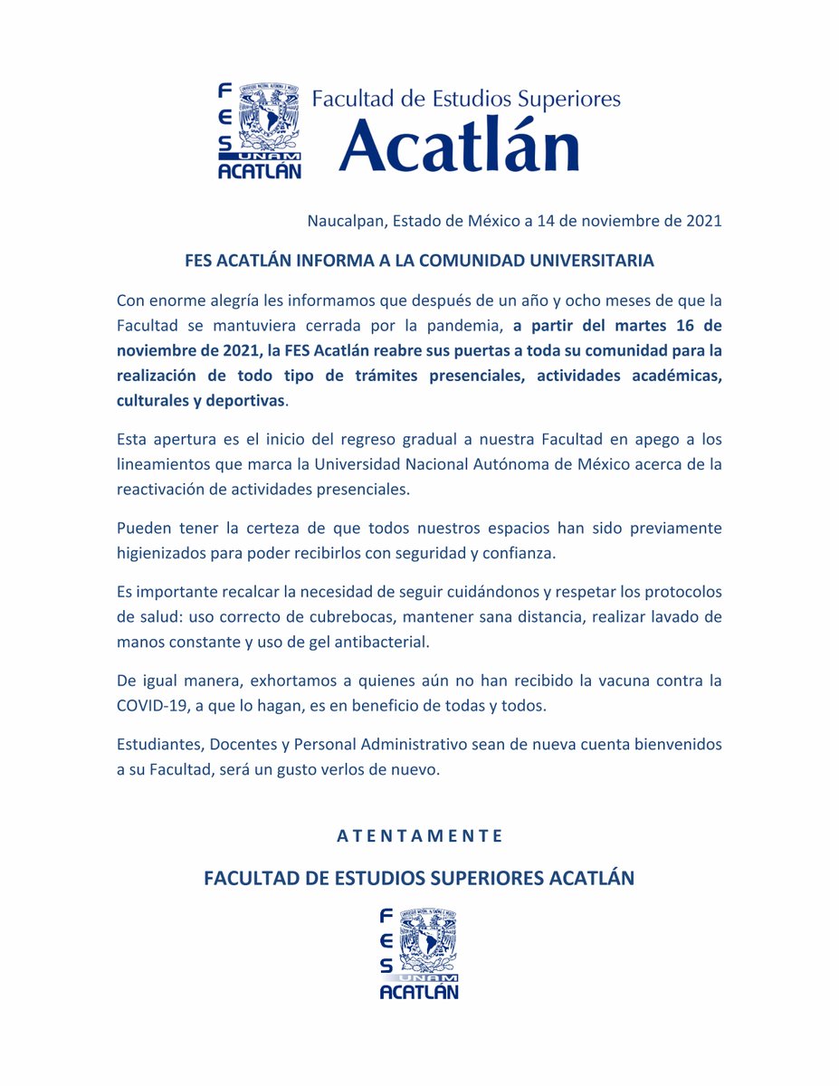 FES_ACATLAN's tweet photo. Comunicado 14 noviembre 2021. https://t.co/2L0byNp91X