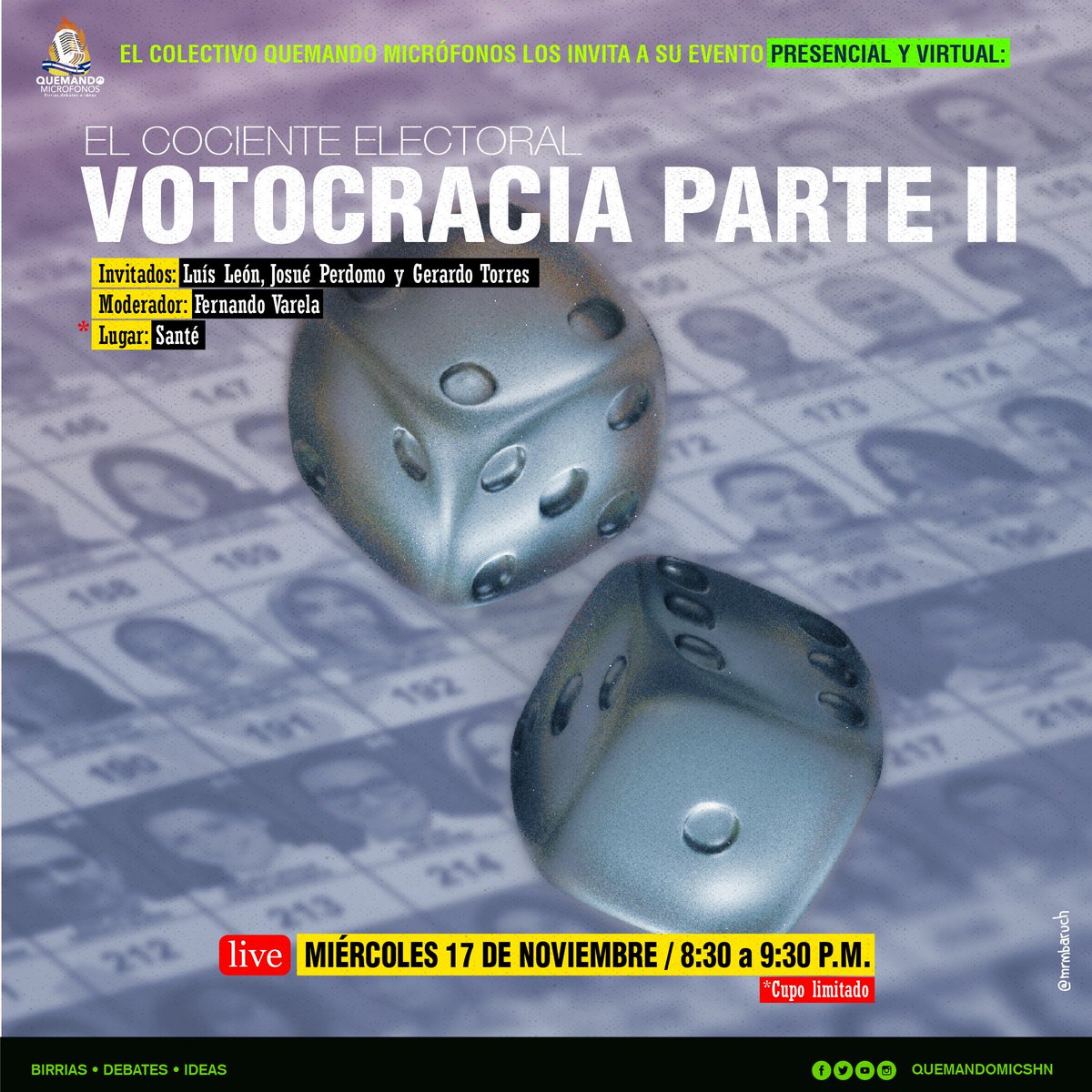 #VotoCracia2 
¡Tenemos evento! Contexto técnico de las elecciones.

Hablemos del TREP, mesas, compras y adquisiciones <a href="/CneHonduras/">CNE_HONDURAS</a> y cociente.

Nos acompañarán <a href="/LdlCoello/">Luis León</a>, <a href="/josueperdomo/">Josué Perdomo</a> y <a href="/gtorreszelaya/">Gerardo TorresZelaya</a>  
Modera: <a href="/fervarelahn/">Fer Varela</a> 

Nos vemos el miércoles a las 8:30 pm en <a href="/SanteTegus/">Santé Tegus</a>