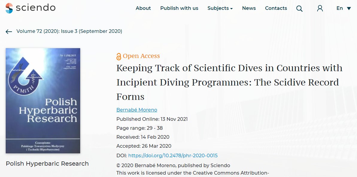 Finally out in 🇵🇱Polish Hyperbaric Research (PHR)! 'Keeping Track of Scientific Dives in Countries with Incipient Diving Programmes: The Scidive Record Forms' @cientifica_sur 
sciendo.com/article/10.247… @sciendo_