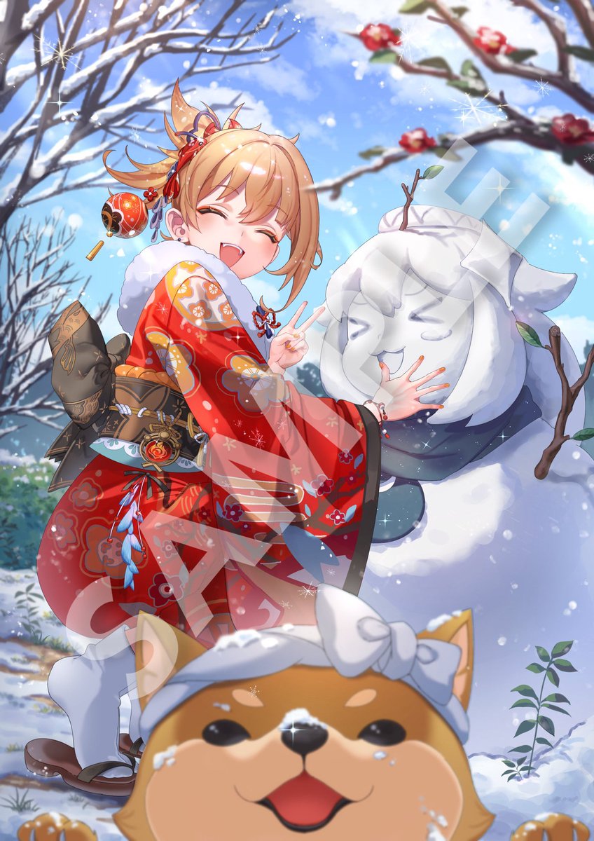 yoimiya (genshin impact) 1girl japanese clothes snow kimono closed eyes outdoors v  illustration images