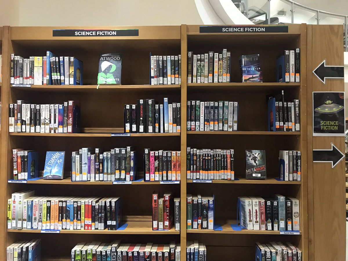 BSAKlibrary's tweet photo. Do you love entering a world of futuristic science technology, parallel universes or meet extraterrestrial beings? Enjoy a reading realm of endless possibilities and check our SciFi collection. Lucky readers: SciFi bookmarks up for grabs!#bsakseclibrary @BSAKsecondary #scifibooks https://t.co/i7pGXe8cK1