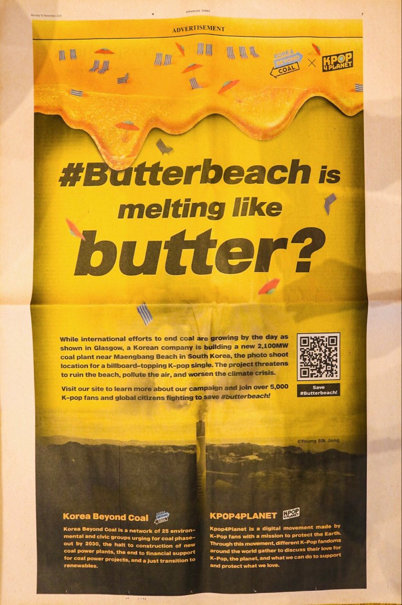 We've joined @kpop4planet to publish a full-page ad in @FT Asia demanding a halt to the Samcheok Blue Power #coalpower project, which wouldn't only devastate our climate but also @bts_bighit's #butterbeach. 

Join us to save #butterbeach & our planet here: beyondcoal.kr/savebutterbeac…