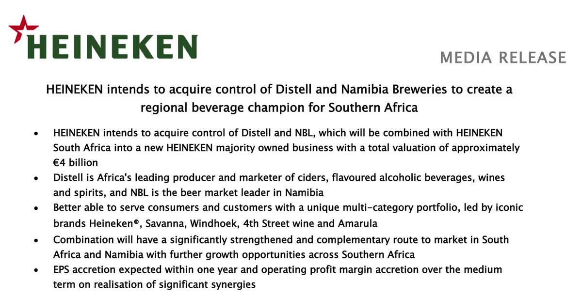 cirrus_capital's tweet photo. Big news on #NSX today: Heineken deal with #NamibiaBreweries (NBS) becomes public. Heineken looking to acquire NBS' 25% in Heineken SA, *but also to buy O&L out of NBS*. If concluded, a large special dividend can be expected, followed by a material drop in share price for NBS. https://t.co/KV3ofsVh38