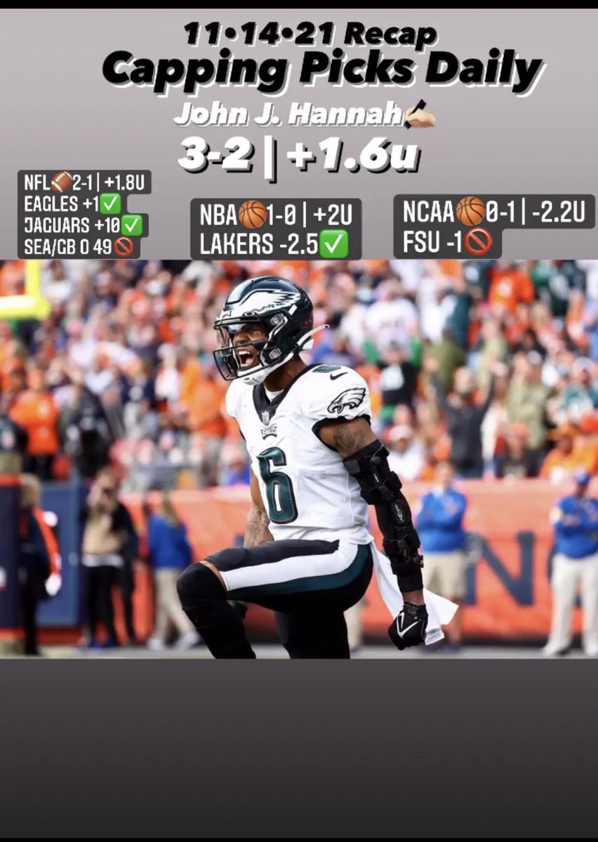 Capping_picks's tweet image. 11.14.21 Recap
3-2 | +1.6u

#NFL is now 32-16-2 on the season!

NFL continues to roll! Now 32-16-2✅

❤️Goodnight from Las Vegas♠️

#Sportsbetting #bettingtips #tipster #sports #cbb