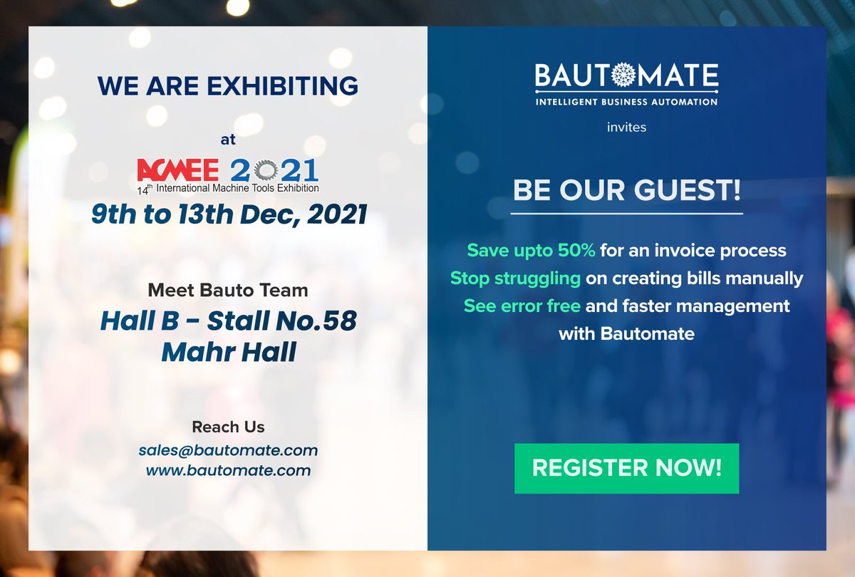 Bautomate_BPA's tweet image. If you are looking to make your #invoiceprocess simple and faster with less operational cost, then meet the Bautomate team at ACMEE Event at Stall no: B58, Mahr Hall, from 9th to 13th Dec 2021.
@ ACMEE Event