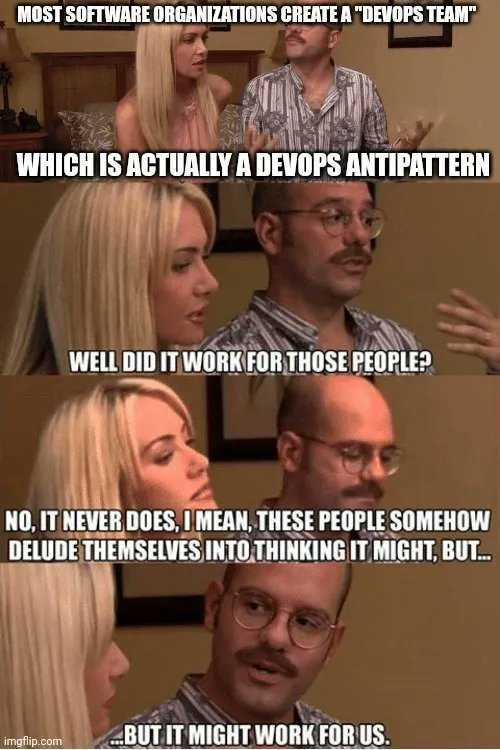 L’Anti-Pattern  « Je crée mon équipe DevOps » ⬇️
Le but de DevOps est de faciliter les échanges, livrer rapidement sans risques ni soucis. Créer une nouvelle équipe n'est pas la solution, le but de cette méthode étant justement de supprimer les silos et non pas d’en créer 😏