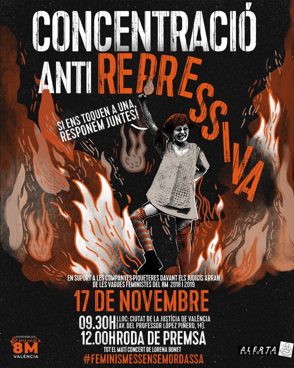 Tornem als jutjats amb el primer de 8 NOUS JUDICIS AL MOVIMENT FEMINISTA I ANTICAPITALISTA de #València‼️📆 dimecres 17 nov ⏰ 9.30h CONCENTRACIÓ en suport ➡️ CONCERT Lorena Bonet ⏰ 12h RODA de PREMSA📍a la Ciutat de la Justicia
#FeminismeSenseMordassa #8M 💜 #FemisAnticapisPPCC