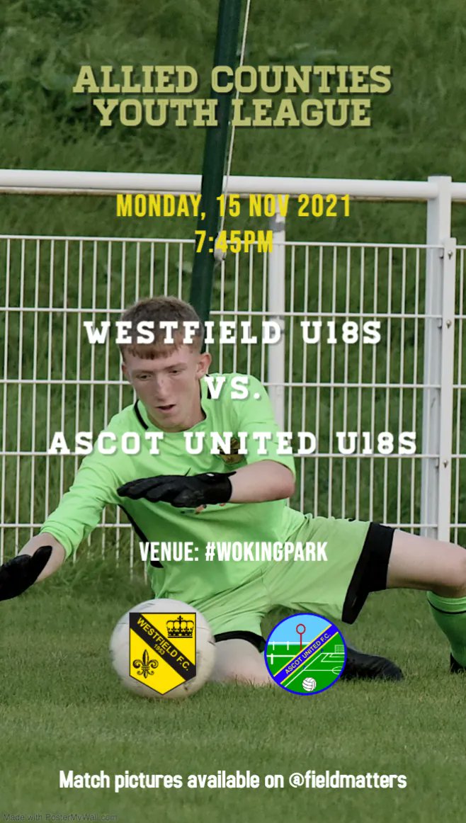 fieldmatters's tweet photo. Match Day | @westfield_fc U18s host @AscotUnitedFC U18s at #WokingPark this evening (15 Nov) in the @acylofficial South Division. 7:45pm k.o. #ComeOnYouField #KnightArmy SatNav 🛰️: GU22 9BA. 📷
Form guide: https://t.co/6ckHUVZXMk
ACYL South table: https://t.co/Qmmd4LB2AP https://t.co/ulJ4W5GLfl