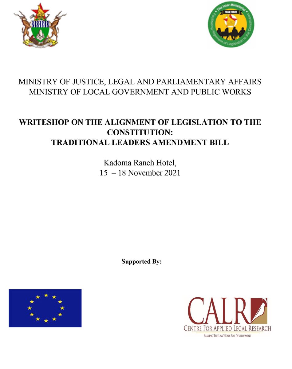 CALR_'s tweet photo. The @ImtZimbabwe working in partnership with the @MoJLPA &amp; the Ministry of Local Government and Public Works is currently holding a 4 day writeshop (drafting workshop) on the alignment of the Traditional Leaders Act with the Constitution. https://t.co/2ueddlw45I