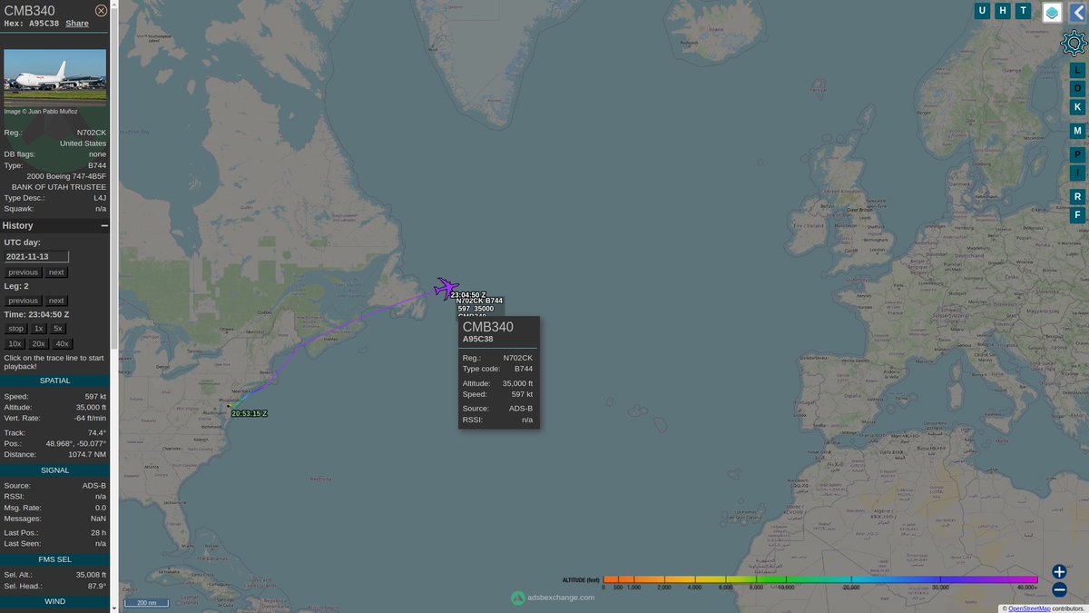 steffanwatkins's tweet photo. On November 13, 2021 ~20:53 Z the same white 🇺🇸 Kalitta Air-operated 747 cargo plane, #N702CK/#A95C38 took off from #DoverAFB, identifying themselves as #CMB340, using their ADS-B transponder.

https://t.co/yNbYf6FgNk https://t.co/g2neZzfmpe