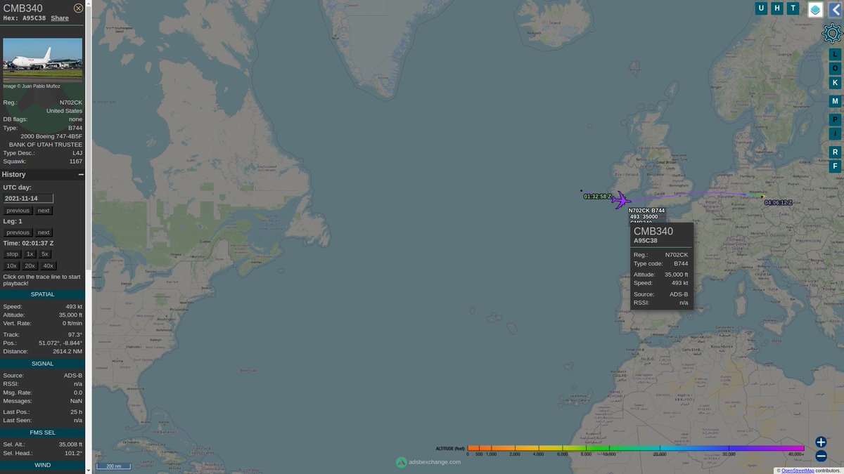 steffanwatkins's tweet photo. On November 13, 2021 ~20:53 Z the same white 🇺🇸 Kalitta Air-operated 747 cargo plane, #N702CK/#A95C38 took off from #DoverAFB, identifying themselves as #CMB340, using their ADS-B transponder.

https://t.co/yNbYf6FgNk https://t.co/g2neZzfmpe
