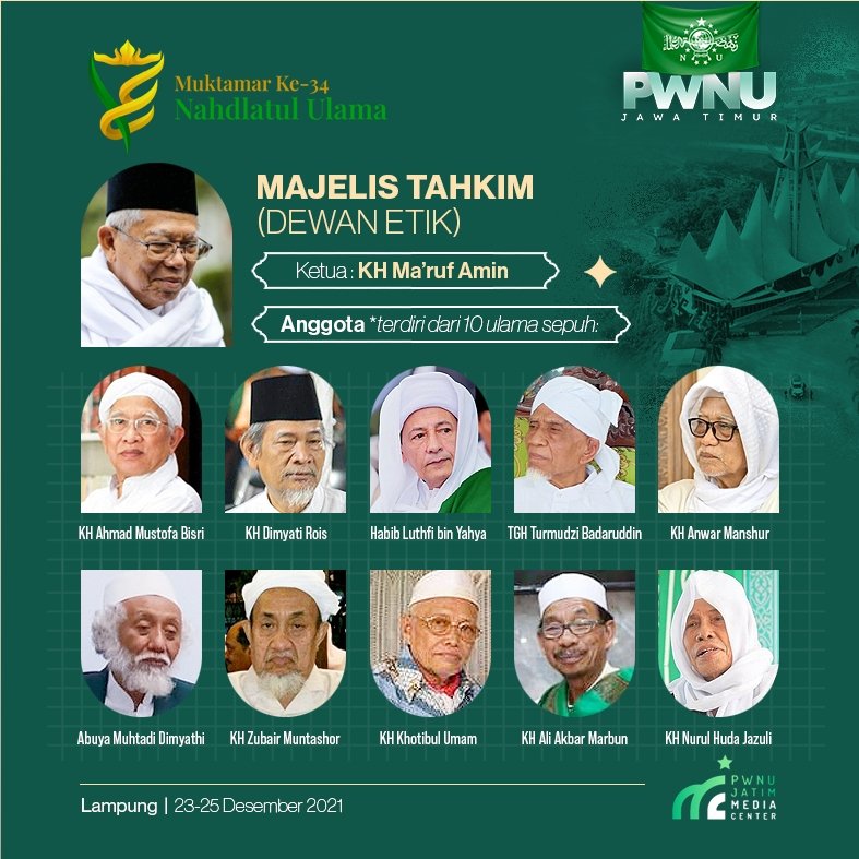 MAJELIS TAHKIM (DEWAN ETIK) MUKTAMAR KE-34 NU
Lampung, 23-25 Desember 2021

Ketua: <a href="/Kiyai_MarufAmin/">KH. Ma'ruf Amin</a>
Anggota terdiri dari 10 Ulama sepuh:
1. KH Ahmad Mustofa Bisri (Mustasyar PBNU)
2. KH Anwar Manshur (Mustasyar PBNU dan Rais Syuriyah PWNU Jawa Timur)