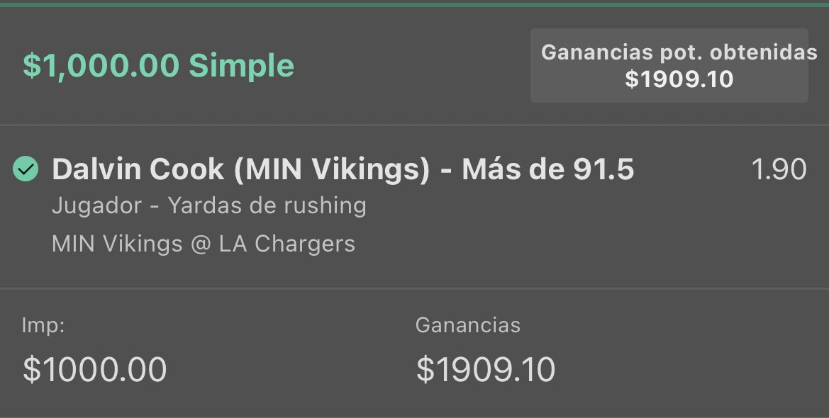 TheSpecialOne_P's tweet photo. *Over Yardas de Cook ✅

*Over Puntos de Buffalo✅

Lecturas perfectas https://t.co/PGS7HqdUjC