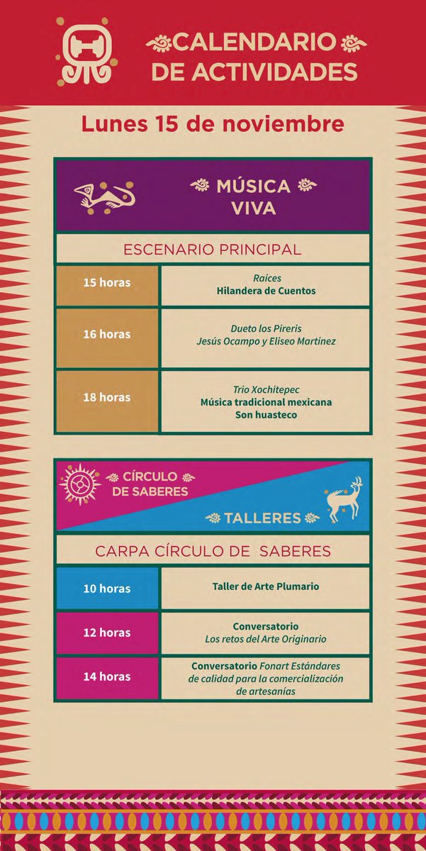Conoce las actividades de #MúsicaViva y Talleres de la VII Fiesta de las Culturas Indígenas, Pueblos y Barrios Originarios de la CDMX de este 15 de noviembre 👇🏽

🗓 Programación 👉🏾 bit.ly/3GM9ecN

#FiestaIndígena2021