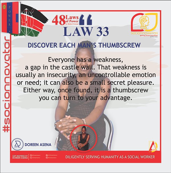 DoreeAsena's tweet photo. #Law 33 : Discover each man's thumbscrew

#Socionovator #Motivation #Inspiration #Accelerate #48Laws #Leadership https://t.co/wB06Mf410m