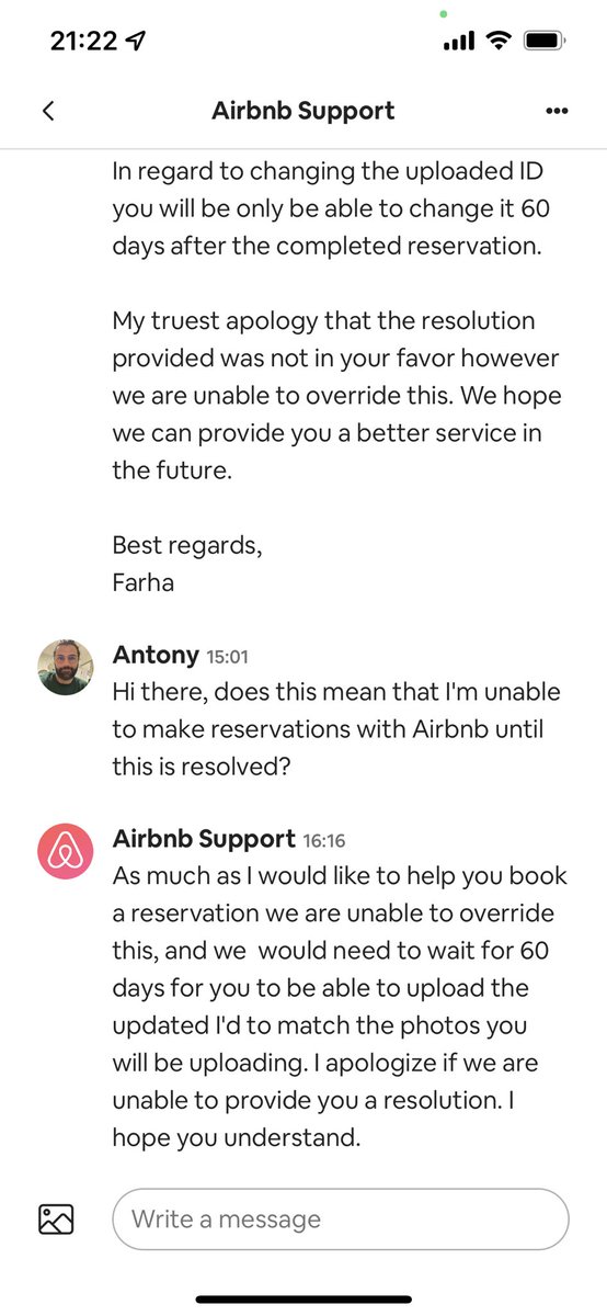 antonydamianos's tweet photo. @Airbnb @AirbnbHelp unable to match my face to an ID I uploaded in 2014 (pre beard) no manual override and unable to upload a new ID for 60 days. You have a monopoly on this market, you can do better than this. https://t.co/q0wNA6cP6B