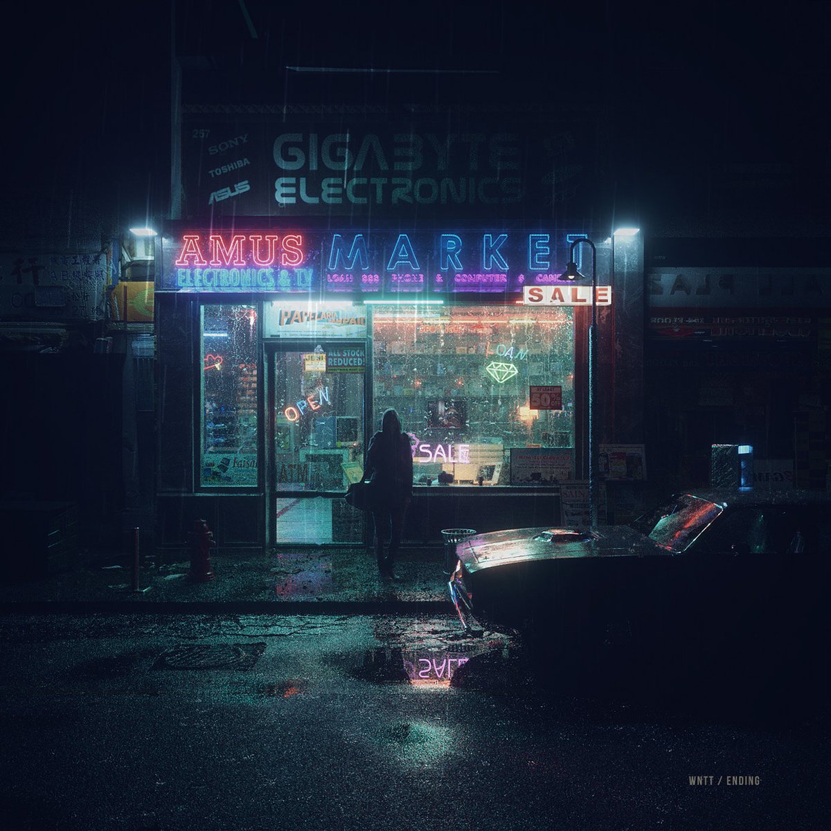 Zaoeyo's tweet photo. some old works, back 2 years ago I was made this rainy neon store sequence for NeighborhoodFilmCompany. mostly using octane 3.06 / Cinema 4D back then. full project : https://t.co/6x3yryQSth https://t.co/1DLoQH23WR