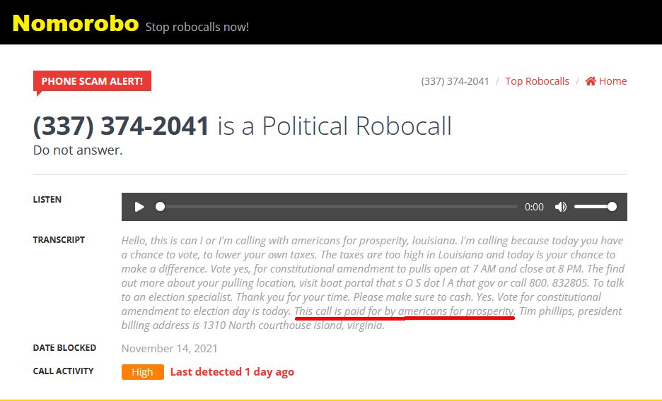 337-374-2041 is a political robocall from Americans for Prosperity, the political arm of the #KochNetwork