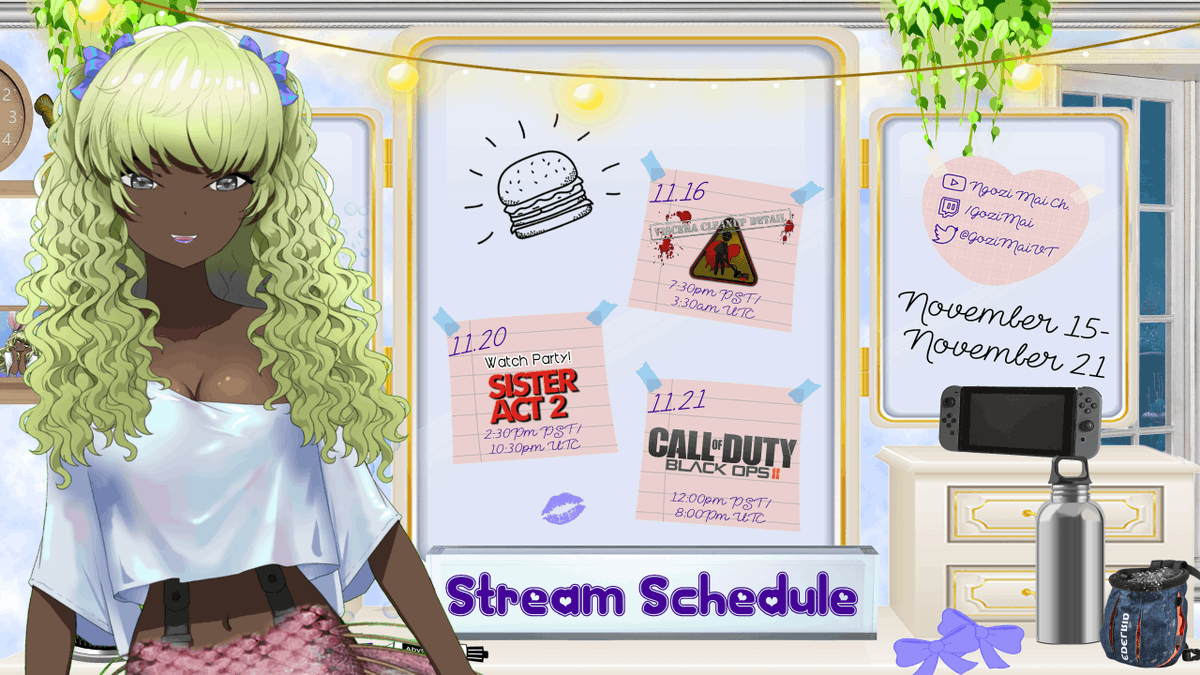 NgoziMai's tweet photo. First schedule in a while! May stream Apex on Tuesday night as well but here's the plan for this week :D come say hi!

#gozilive #vtuber #envtuber #blackvtuber #vstreamer #visceracleanupdetail #sisteract2 #watchparty #sundayseries #codblackops2 #blops2 https://t.co/ukSmq1r2dE