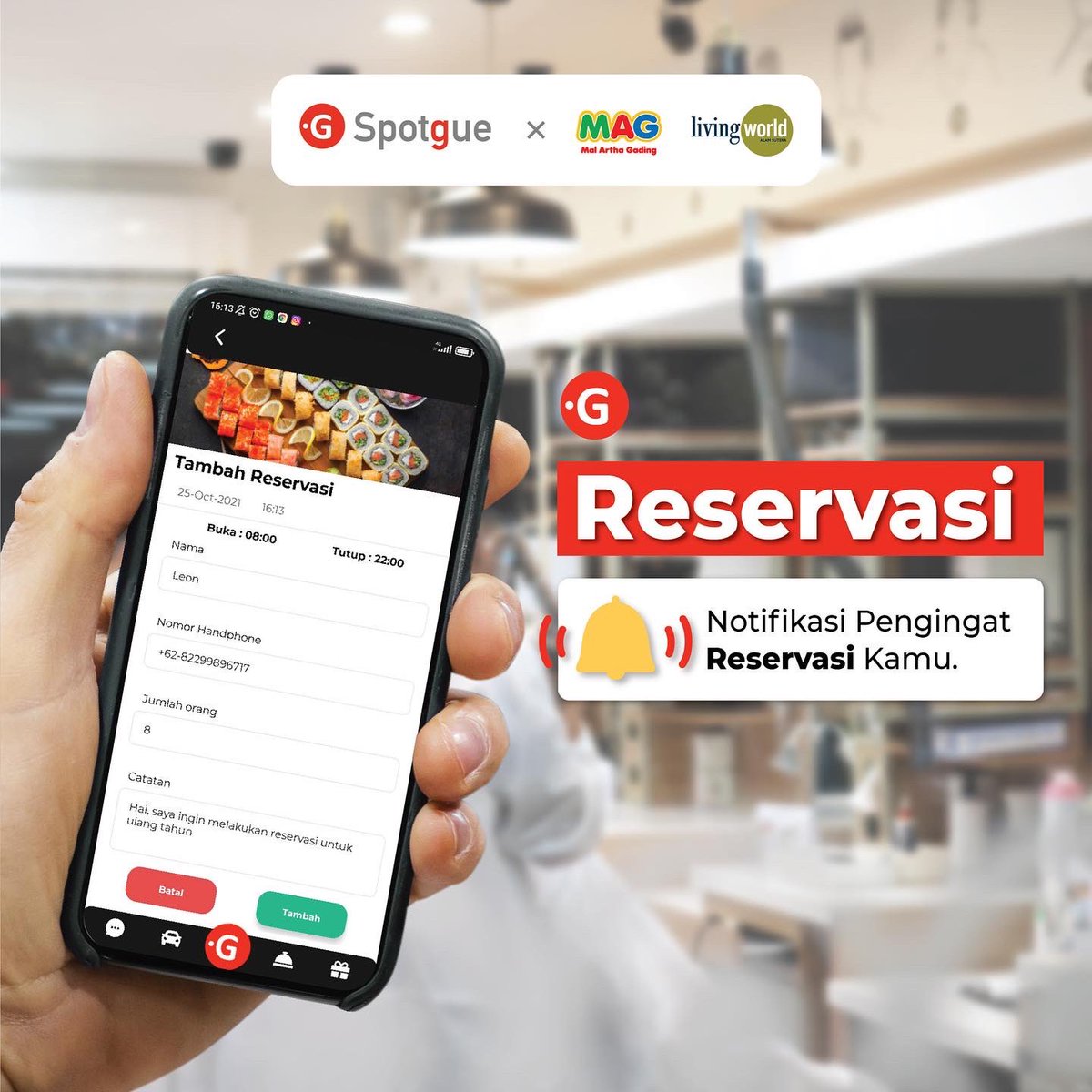 SpotgueOfficial's tweet photo. Reservasi sekarang menjadi lebih mudah! dengan aplikasi Spotgue, kamu bisa membuat reservasi semudah beberapa tap saja! 😍 Bagaimana caranya? Swipe ya!✨ 

#livingworldalamsutera #malarthagading 4.0 #Spotgue #BanggaBuatanIndonesia #PertamaDiDunia #MakingIndonesia 4.0 https://t.co/8ZCxCRlPLB