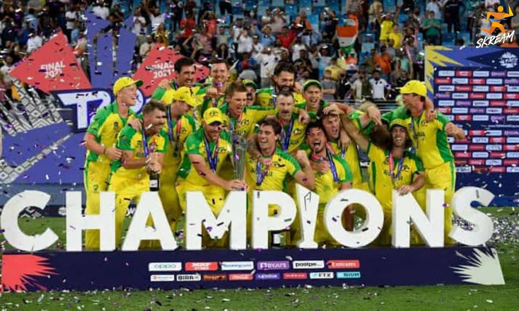 kjsceskream's tweet photo. Australia beat NZ in a nail biting grand finale of ICC World T20 to lift their maiden cup. #MitchellMarsh hit an incredible 77* off 50 balls leading Oz to victory at Dubai International Stadium, UAE. Hearty congratulations to Australia!
@CricketAus @ICC @BLACKCAPS #T20WorldCup https://t.co/zQYrwSwqkO