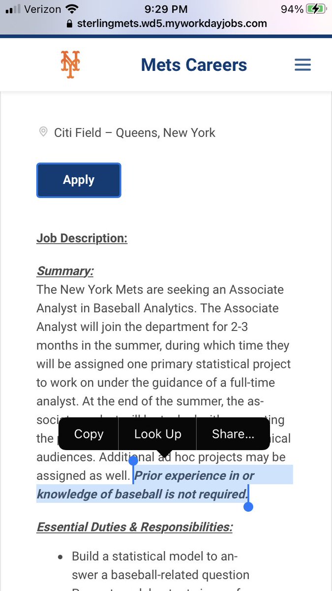 JoeSetyon's tweet photo. The Mets are hiring an Associate Analyst in Baseball Analytics

Knowledge of baseball not required https://t.co/c0UTIFxKZY