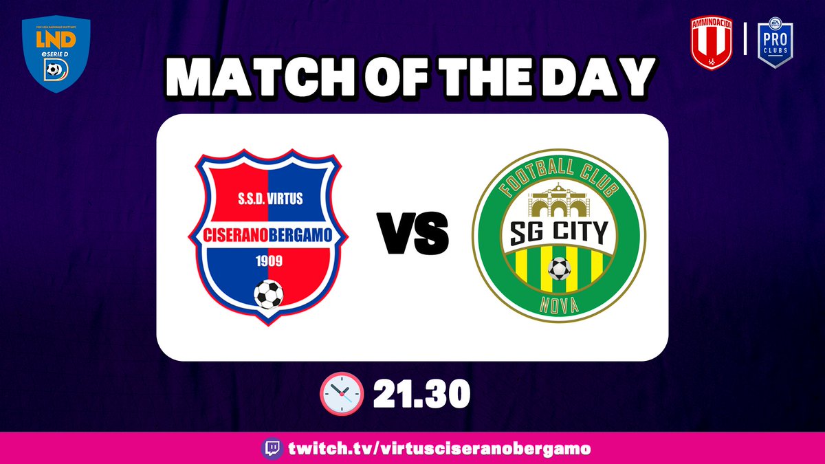 AmminoacidiC's tweet photo. Inizia oggi il percorso che ci vedrà protagonisti con i colori Rosso Blu in eSerieD!

La prima partita ci vedrà affrontare il #SGCity, non perderla alle 21.30 sul canale twitch ufficiale della @virtusciserano :

📺https://t.co/f0fRwkMKKy

#GoAma #ProClubItalia https://t.co/qGQuSa8T4H