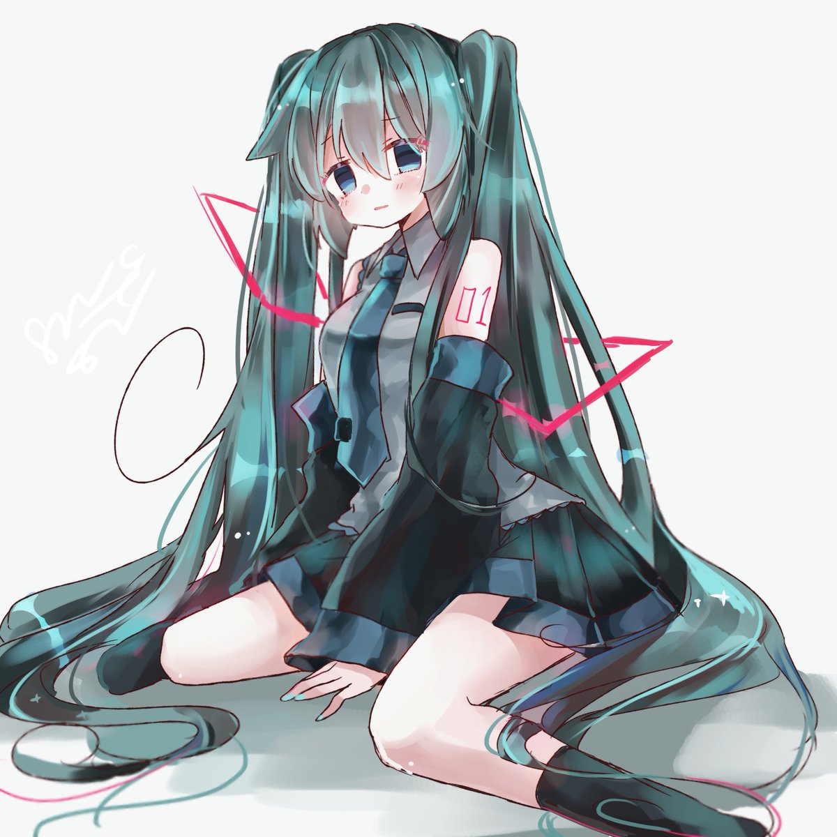 初音ミク「縞城依月さんのミクさん!ぺたんと座る姿がとってもキュート(*'艸`*)💕ほわん」|piapro(ピアプロ)のイラスト
