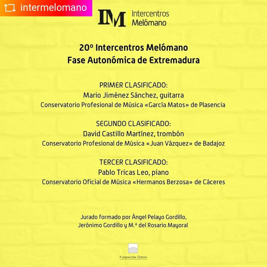 📣Nuestro alumno de Guitarra, Mario Jiménez Sánchez va a ser el representante de Extremadura en la fase final de @intermelomano , al quedar 1er puesto en la prueba que se celebró ayer en Badajoz.
👏Enhorabuena a Mario y a su profesor Carlos Almoril👏

#Plasencia #Extremadura