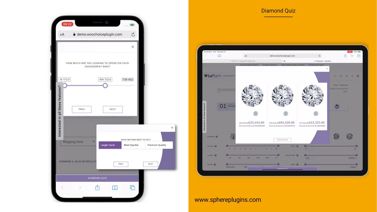 SpherePlugins's tweet image. Diamond Quiz lets users speak their minds about what kind of diamond exactly they're looking for by asking them a few generous questions. And, when you know what they're looking for, we know you give the best.

bit.ly/2YNf10H

#Diamondquiz #woocommerce #Plugin #jewelry