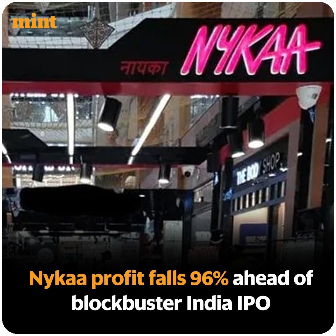 livemint's tweet photo. FSN E-Commerce Ventures, the entity that operates the Indian beauty startup #Nykaa, saw its profit fall 96% as marketing costs surged in the quarter before its initial public offering. Shares dropped today.
.#Mint #HTMint #LiveMint #IPO #nykaaipo https://t.co/pLWxZSSpJe