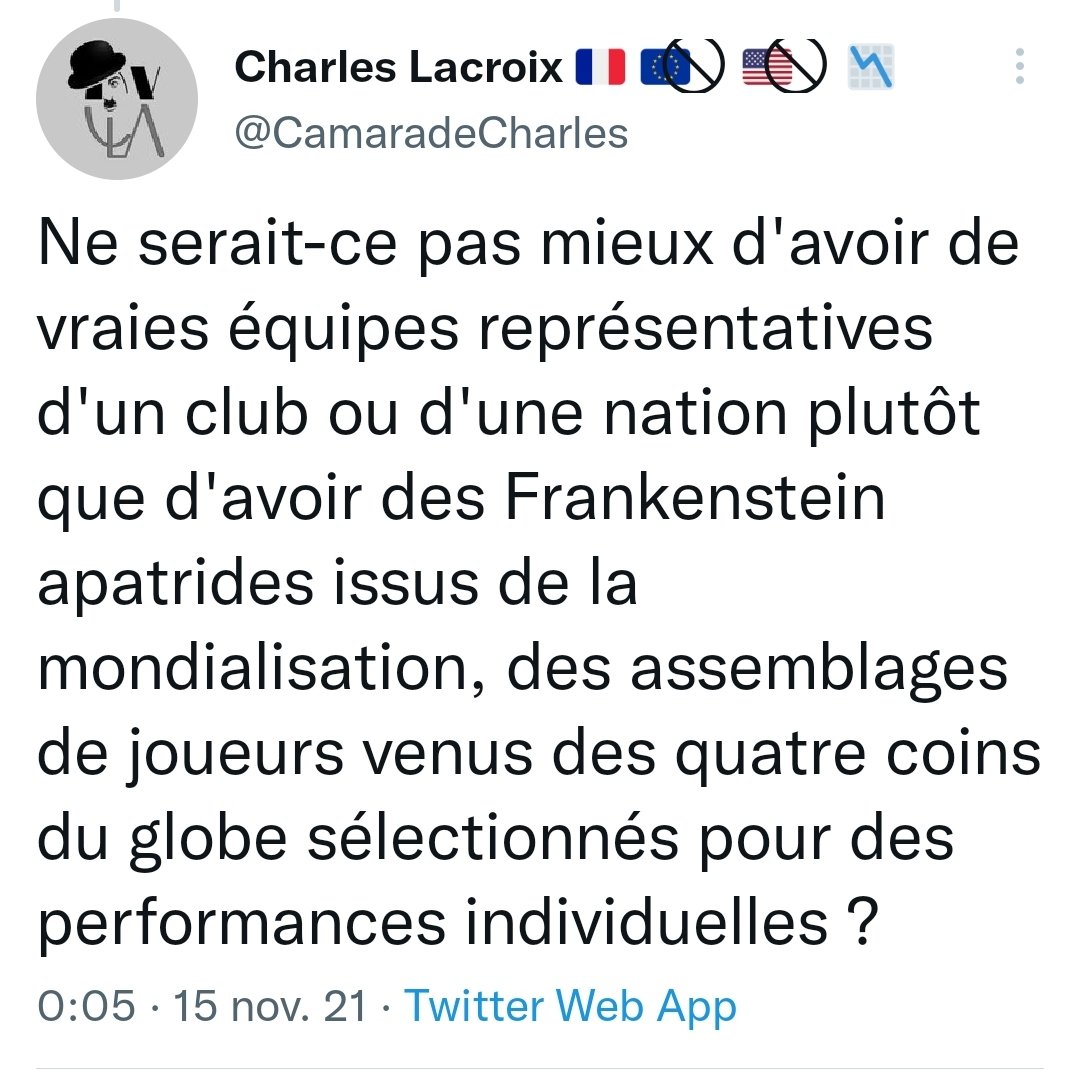 decharlisons's tweet photo. 1/ Pour Camarade Charles, les étrangers transformeraient les équipes de football en "Frankenstein (donc un amas de cadavres) apatrides (il ne sait toujours pas ce que cela veut dire, mais comme le mot fait peur...) issus de l'immigration" https://t.co/u7I5tOKfhO
