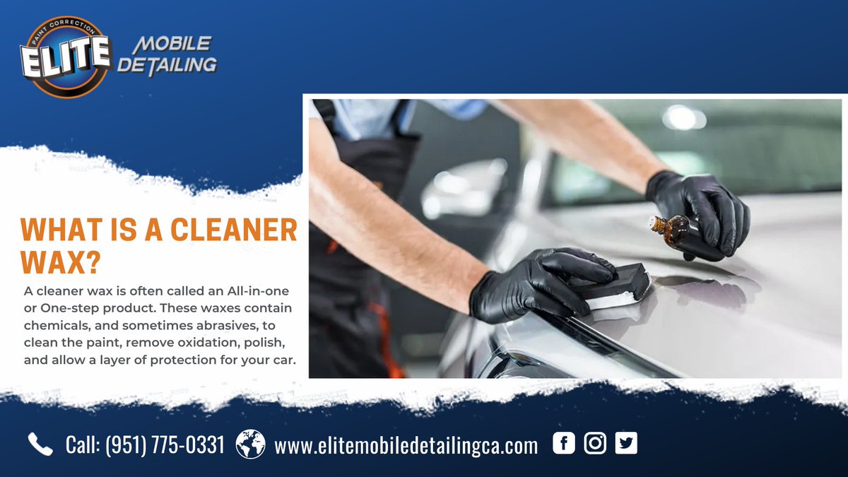 EliteMobileca's tweet photo. ➠ A cleaner #wax is often called an All-in-one or One-step product. These #waxes contain #chemicals, and sometimes #abrasives, to #cleanthepaint, #removeoxidation, #polish, and allow a layer of #protection for your #car.

#tips #tipoftheday #washandwax #elitemobiledetailingca https://t.co/B5eIkQOdj1