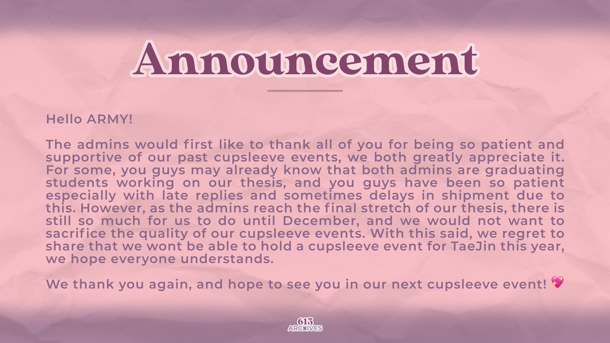 613ARCHIVES's tweet photo. [ 📣 ANNOUNCEMENT ]

We thought about this a lot and we do not want to sacrifice the design, quality, and service if we still push to hold an event

We always wanted to give you the best and fun events as much as possible. We hope for your kind understanding 💖 https://t.co/lpoVeenb4B