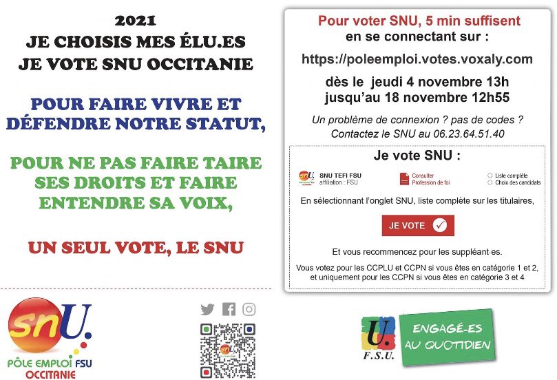 FSUEMPLOIOCC's tweet photo. ⚠️ Il ne vous reste plus que 3 jours (jusqu’au 18/11/2021 à 13h - Heure de Paris) pour voter et faire voter électroniquement pour le #SNU aux élections professionnelles de droit public de @pole_emploi en #CCPN et #CCPLU ! Je vote et je fais voter pour le #SNU @pole_emploi #FSU ! https://t.co/kTRkEiaYtn