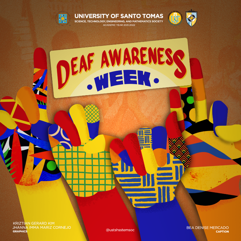 ustshsstemsoc's tweet photo. The UST SHS STEM Society celebrates Deaf Awareness Week 2021! 🎉🧏

This celebration aims to create an environment that will allow people with deaf disabilities to enjoy productive lives by raising awareness among people throughout society.