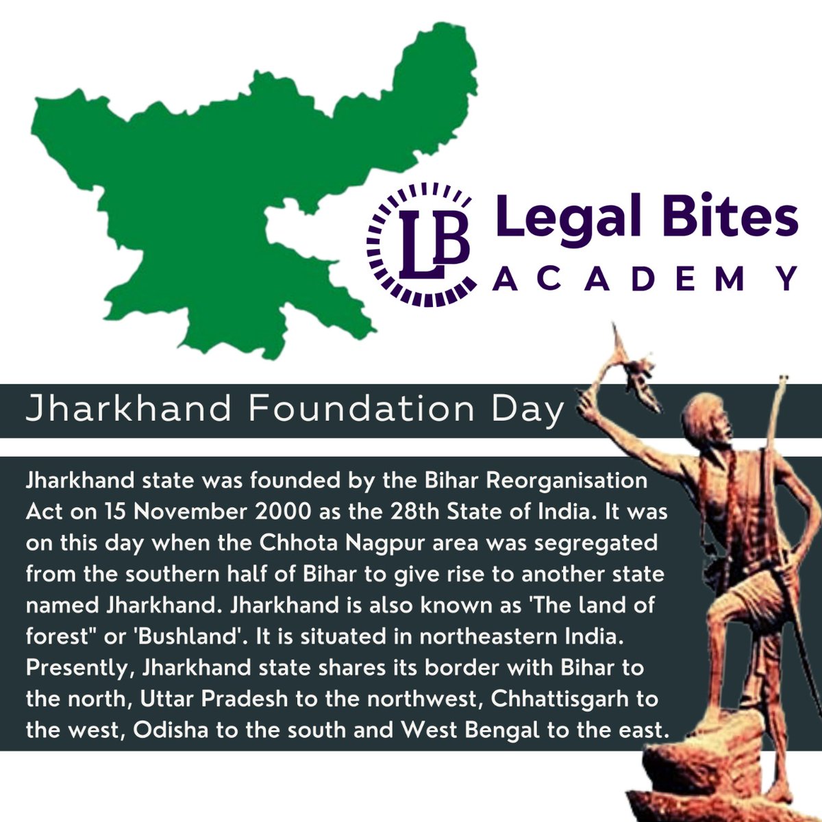 Legal_bites's tweet photo. Warm wishes to the People of Jharkhand on this Jharkhand Foundation Day. We wish that the Jharkhand state continues to achieve excellence in every field.
#jharkhand #jharkhandfoundationday #reorganisationact #apnalawschool #legalbites #legalbitesacademy https://t.co/xESWUfAweW