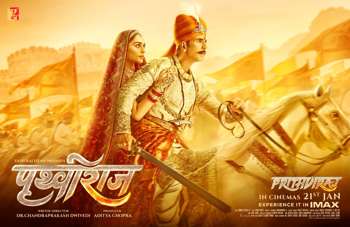 yrf's tweet photo. Samrat #Prithviraj Chauhan is here. 
Celebrate #Prithviraj with #YRF50 only at a big screen near you on 21st January ’22. https://t.co/UFYxafd9Hp