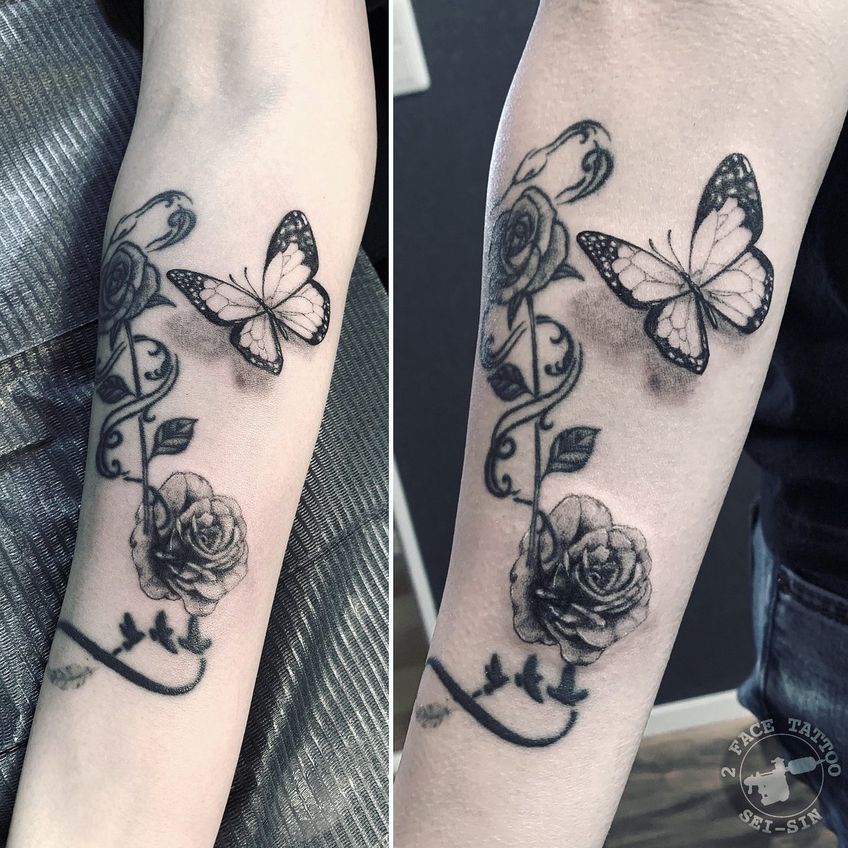 THANKS🦋🌹 ご新規さんに☺️ 蝶と下の薔薇はカバーアップで。 それ以外は全て他店になります。 有難うございました😄🙏 #タトゥー # タトゥー女子 #タトゥーデザイン #タトゥースタジオ #タトゥーガール #タトゥーアーティスト #タトゥーショップ #刺青 #刺青女子 #バラ ..., image size:1200x1200