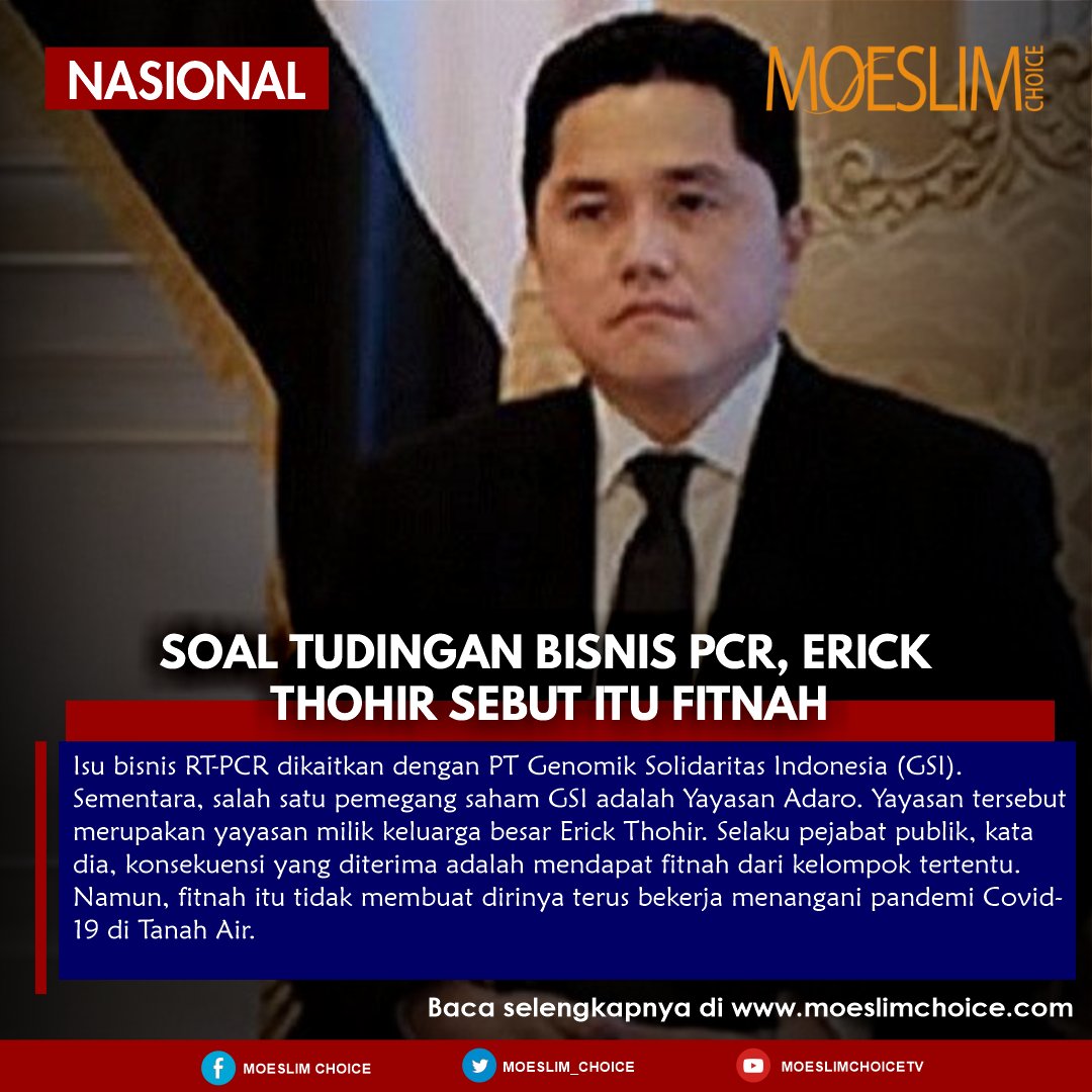 moeslim_choice's tweet photo. Soal Tudingan Bisnis PCR, Erick Thohir Sebut Itu Fitnah
https://t.co/aIXnsDs2av
#moeslmchoice #erickthohir #bisnispcr #PCR #tespcr #TangkapGembongPCR #pcrtest https://t.co/weHAFXz5C0
